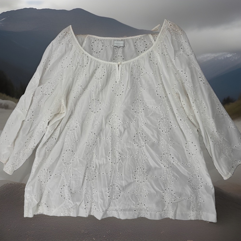 Charter Club Woman Eyelet Peasant Blouse Size 2X White 3/4 Sleeve Boho Gypsy